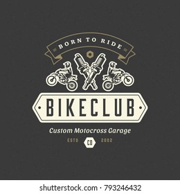 Motocross logo template vector design element vintage style for label or badge retro illustration. Motorcycle silhouette.