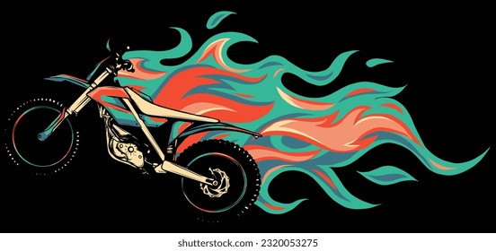 Motocross Mid Air Flames vector illustration on black background