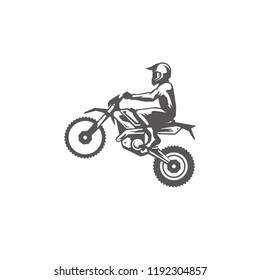 Motocross motorcycle with rider silhouette isolated on white background vector illustration. Vector moto bike graphics illustration.