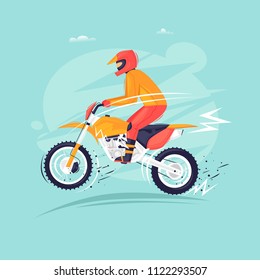 Motocross motorcyclist jumps on a motorcycle. Flat design vector illustration.