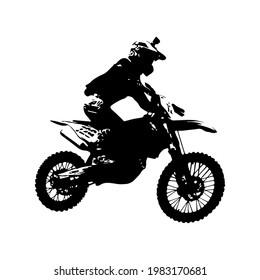 Motocross motorcykle with motorcyclist rider vector silhouette, flying enduro cross offroad motorbike shape. Extreme sport. Black Illustration isolated on white background.