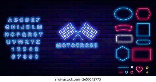 Motocross neon label with start flags. Bike and car sport. Shiny blue alphabet. Vector stock illustration