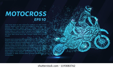 Motocross particles on a dark background. Two motorcyclists of geometric shapes. Vector illustration.
