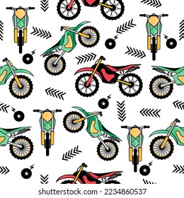 Motocross pattern for kids clothing, printing, fabric ,cover.Monster car pattern.Motocross and trophy cartoon on white pattern. Extreme motocross sport seamless pattern. 