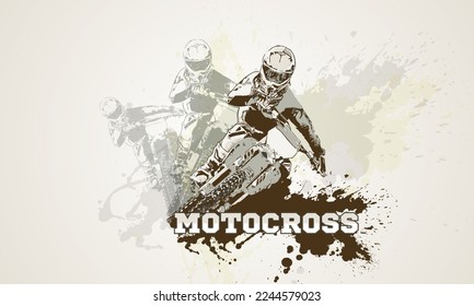 Motocross. Print. Motorcycle racer on a bike. Vector image. Silk screen printing.