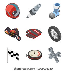 Motocross race sport championship isometric motorbike vehicle icons set flat bike design vector illustration