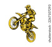 Motocross racer doing jump, rider. Hand drawn illustration, monochrome color. Dirt Bike, Extreme Sport, Vehicle, Motorcycle Community. Perfect for t-shirts, sticker, print, etc.