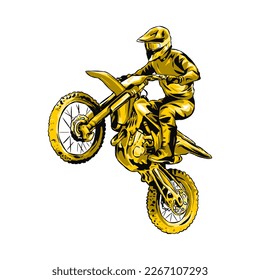 Motocross haciendo salto, piloto. Ilustración dibujada a mano, color monocromo. Bicicleta sucia, deporte extremo, vehículo, comunidad de motocicletas. Perfecto para camisetas, pegatinas, impresos, etc.