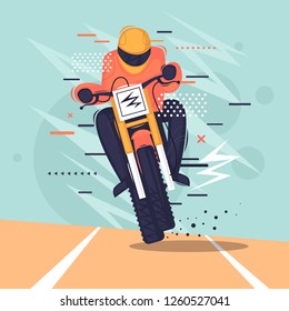 Motocross racer rides a motorcycle. Flat vector illustration in cartoon style.