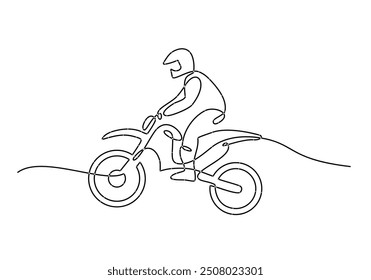 Motocross Rider Continuous Line Art. Single line drawing of a rider on a motocross bike, capturing extreme sports.