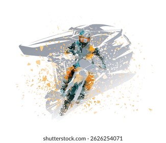 Motocross rider and helmet collage, double exposure rally helmet, isolated vector silhouette. Motorsport