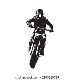 Motocross. Rider jumping on motorcycle, isolated vector silhouette, front view. Enduro motocross logo