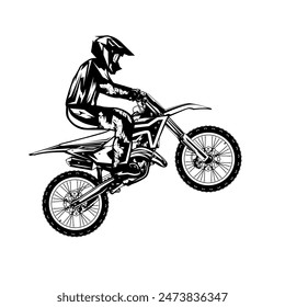 motocross rider lifting vista lateral del neumático delantero Ilustración vectorial de arte en blanco y negro