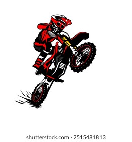 motocross rider levantando pneu dianteiro freestyle visão frontal direita vetor ilustração