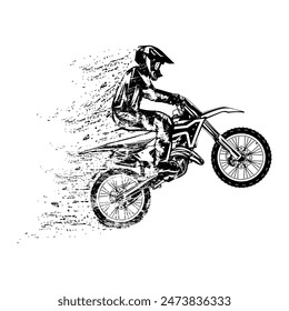 Motocross Rider Lifts Vorderreifen Seitenansicht Fade Black and White Line Art Vektorillustration