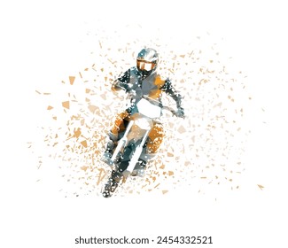 Motocross rider, MX racing, isolated low poly vector illustration with shatter effect, front view