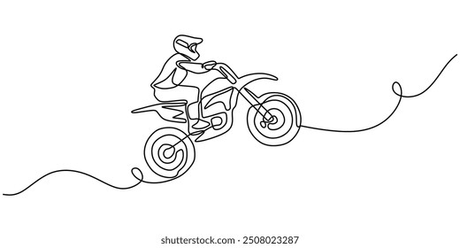 Motocross Rider One Line Drawing. Kontinuierliche Streckenführung eines jungen Fahrers auf einem Motocross-Bike für Extremsportarten.