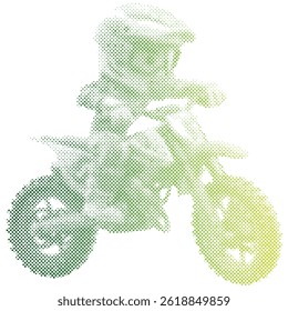 Motocross rider performing high jump cartoon style halftone effect