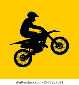 silueta del piloto de motocross levantando la vista lateral del neumático delantero Ilustración vectorial