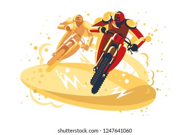 Motocross riders taking part in riding competition. Cross-country racing on motorcycles flat style concept vector illustration. Extreme kinds of sport