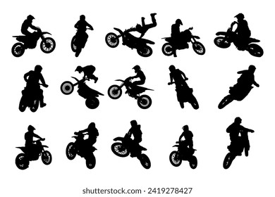 Vector de silueta motocross, adecuado para diversos diseños relacionados con el deporte de motocross, y también puede ser utilizado en diseños generales que incluyen temas de velocidad, aventura o exploración.