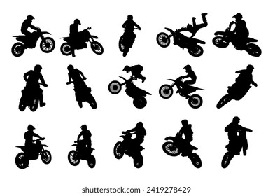 Motocross Silhouette Vektor, geeignet für verschiedene Designs im Zusammenhang mit dem Sport des Motocross, und kann auch in allgemeinen Designs verwendet werden, die Themen der Geschwindigkeit, Abenteuer oder Exploration.