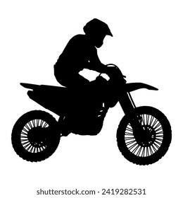 Vector de silueta motocross, adecuado para diversos diseños relacionados con el deporte de motocross, y también puede ser utilizado en diseños generales que incluyen temas de velocidad, aventura o exploración.