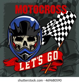 MOTOCROSS SKULL AND VINTAGE RACING FLAG AND RIBBON