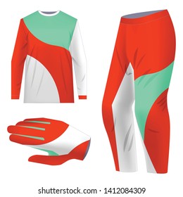 Motocross sportswear kit design. Total look sportswear design for competitions, promo, racing, gaming. Templates jersey for mountain biking, downhill. Sublimation print. Vector illustration.