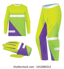 Motocross sportswear kit design. Total look sportswear design for competitions, promo, racing, gaming. Templates jersey for mountain biking, downhill. Sublimation print. Vector illustration.