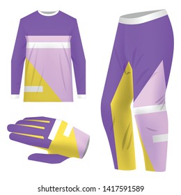 Motocross sportswear kit design. Total look sportswear design for competitions, promo, racing, gaming. Templates jersey for mountain biking, downhill. Sublimation print. Vector illustration.