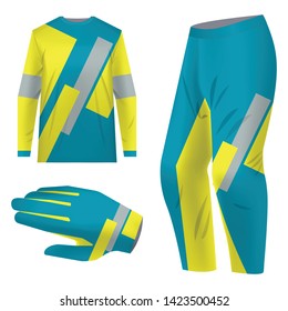 Motocross sportswear kit design. Total look sportswear design for competitions, promo, racing, gaming. Templates jersey for mountain biking, downhill. Sublimation print. Vector illustration.