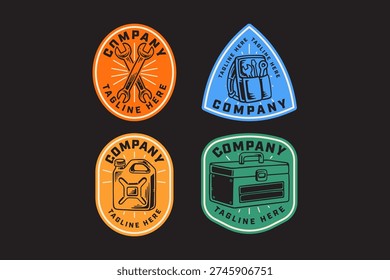 Motocross themed workshop retro badge logo design set. Crossed wrenches, Tool backpack, Fuel canister, Toolbox vintage patch symbol graphic pack for garage, service, maintenance, pit crew
