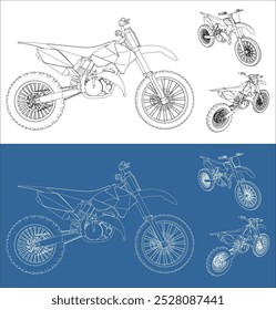 motocross trail motorcycle line art draw blueprint wireframe from all view top corner side back isolated in transparent background 