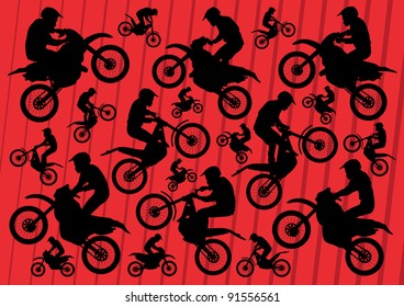 Motocross and trial motorbikes riders illustration collection background vector
