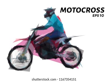 Motocross from triangles. Low poly's motorcycle. Vector illustration