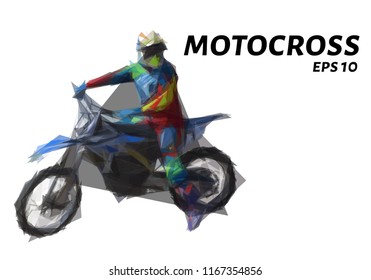 Motocross from triangles. Low poly's motorcycle. Vector illustration