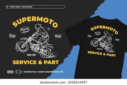 Motocross t-shirt design. Motorcycle rider in action. Supermoto Helmet Tshirt Illustration Vector. Motocross Trail Adventure Bike Vector Art Isolated in Black Background.