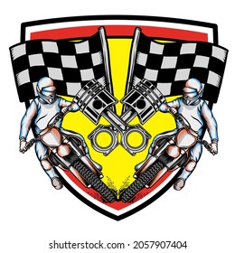 Motocross vector logo extreme motorbike. Illustration of rider, motorbike, engine, race flag and shield. Using for Logo championship, competition, team, badge, printing, merch, label, banner