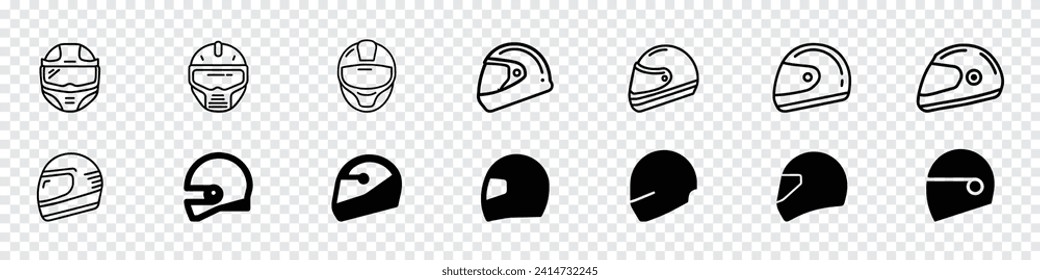 Motocycle helmet icon, Motorcycle helmets vector set icon, Motorcycle helmets, Motorcycle helmet icons. Set of different car helmet icons. Simple vehicle helmet signs.