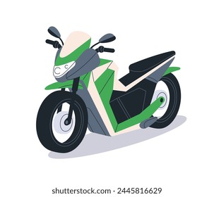 Motocycle, road motor transport. Eco-friendly electric motorbike, perspective view. Modern moto bike, wheeled vehicle, sustainable transportation. Flat vector illustration isolated on white background