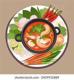 MoTom Yum soup top view. Flat Thai Tom Yum Goong or Khung sour and spicy soup Concept Asian culinary, Thai cuisine, exotic dining, traditional dish.