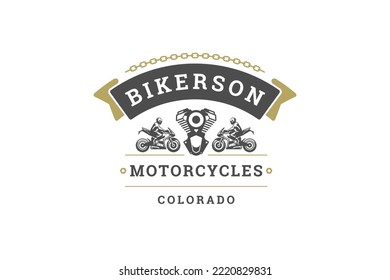 Motor bicycle riders in helmets enjoy speed racing extreme hobby community vintage logo design template vector illustration. Motorbike rent restore service automotive vehicle company brand with ribbon