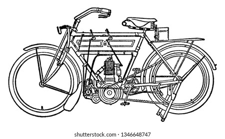 Motor Bicycle ist ein einspuriges zweirädriges Kraftfahrzeug mit Motor, Vintage-Linien-Zeichnung oder Graviergrafik.