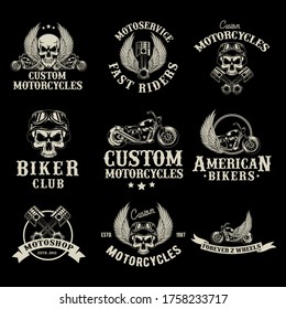 Motor bike shop logo set. Biker club emblems, moto service garage badges and stamps. Vector illustration for retro advertising design, motorcycling racers community, motorbike repair concept