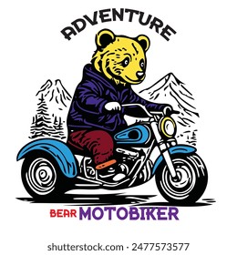 motor biker bear adventure illustration vector drawing for print t shirt.