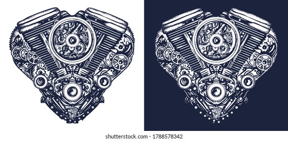 Motor. Biker tätowieren. Technisch mechanisches Herz. Steampunk-Herzkunst, T-Shirt-Design. Schwarz-Weiß-Vektorgrafik