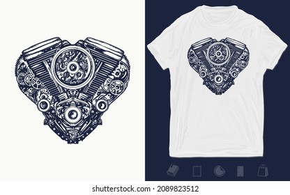 Motor. Bikers tattoo. Technically mechanical heart. Steampunk heart engine art, t-shirt design. Vector graphics template. Hand drawn illustration 