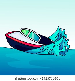 Motor boat activity vector with a boat speeding on water splashing water trail. Used to show beach sports activity or as a logo for speed boat rental businesses. 