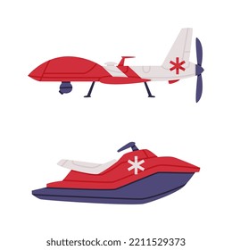 Motor Boat and Aircraft as Ambulance Emergency Rescue Service Vehicle and Medical Care Transport Vector Set